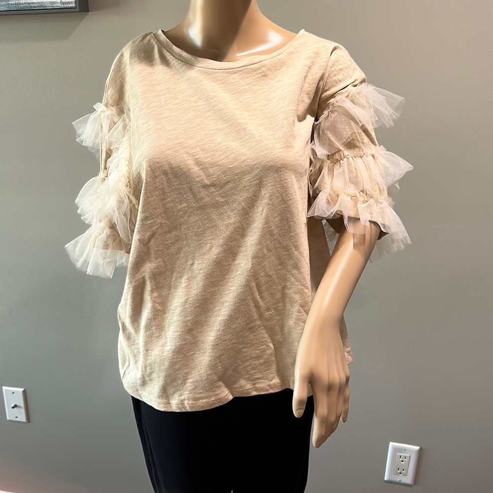 Anthropologie taupe/tan short sleeve tulle sleeve top new with tags XL
